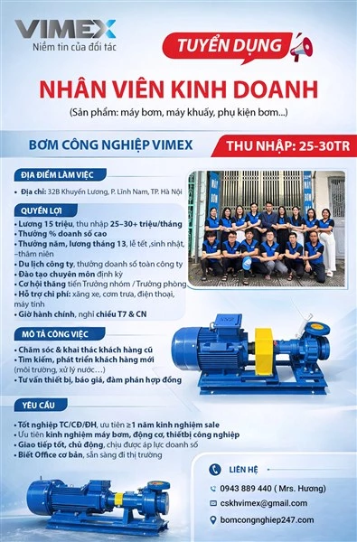 TUYỂN NHÂN VIÊN SALE THỊ TRƯỜNG MÁY BƠM CÔNG NGHIỆP