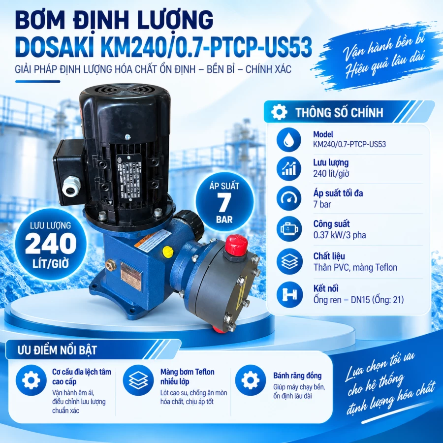 DOSAKI KM240/0.7 – Bơm định lượng 240 L/h, 7 bar